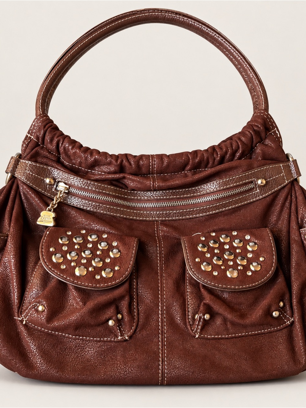 Kathy Van Zeeland Brown Studded Shoulder Bag